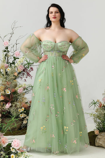 Une ligne de robe de bal vert épaule plus grande taille avec broderie
